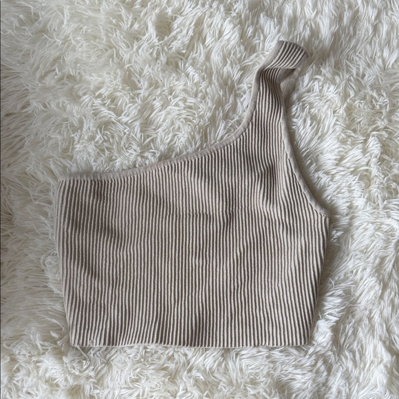 Babaton Tops - Babaton One-Shoulder Ribbed Crop Top - Taupe